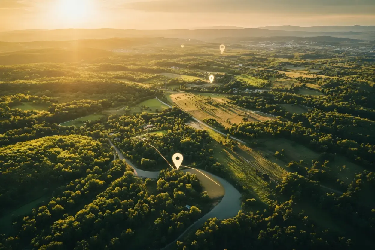 Aerial view of rural English landscape with rolling fields and a winding river at golden hour